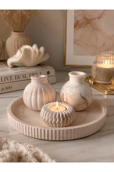 Sisay Home Dekoratif Tepsi Seti Yuvarlak Vazolu Mumluklu | Modern Salon Orta ...