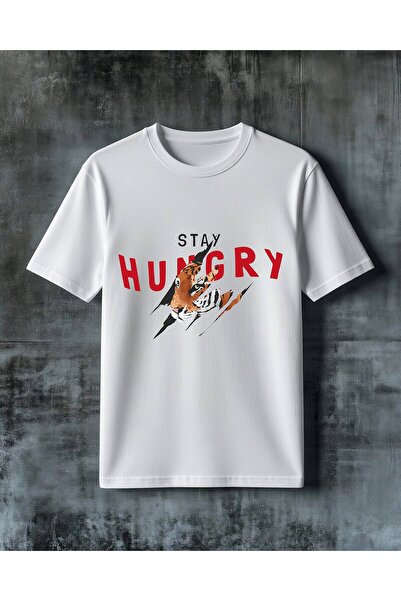 COMVİCHO تي شيرت كبير الحجم مطبوع عليه شعار stay hungry Kaplan