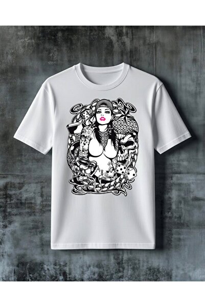 COMVİCHO Women's Design Tattoo Art Printed Oversized T-Shirt