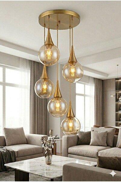 VENON Elora 5.li Sarkıt Yuvarlak ✨ESKİTME ✨ BAL GLOP CAMLI ✨ Salon Avizesi Mo...