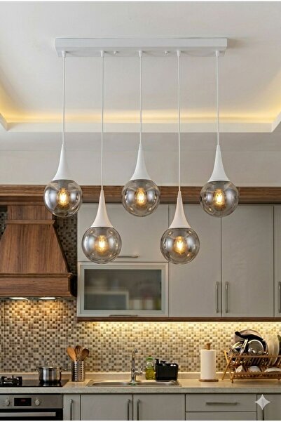 VENON Elora 5.li SIRALI ✨ BEYAZ ✨ FÜME GLOP CAMLI ✨ Yemek Masası Avizesi Salo...