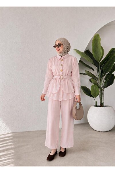 RESSHO Women's Hijab Voile No-Show Stylish Gold Buttoned Belted Suit