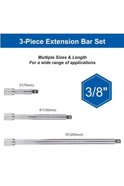 Choice 3-8 3pcs 1/4" 3/8" 1/2" Drive Socket Extension Bar Set CRV Ratchet Wre...