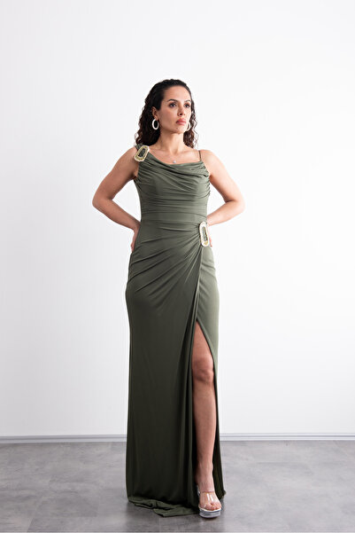 Mialora Long, Stylish Evening Dress with Shoulder and Waist Accessories, Drap...