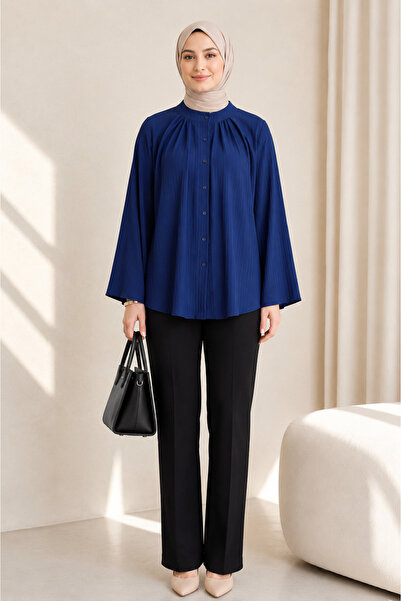 Kirazgym Buttoned Spanish Sleeve Round Neck Tunic - Navy Blue