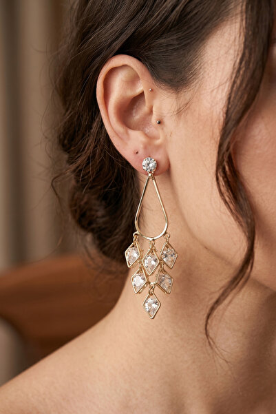 PETEK AKSESUAR Chandelier Baklava Crystal Cluster Earrings 6.5 Cm.