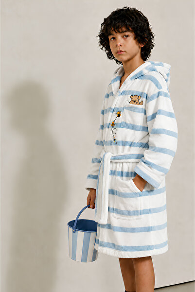 İQON Children's Hooded Bathrobe 100% Cotton – Striped Bear Blue-White (8-10 Y...