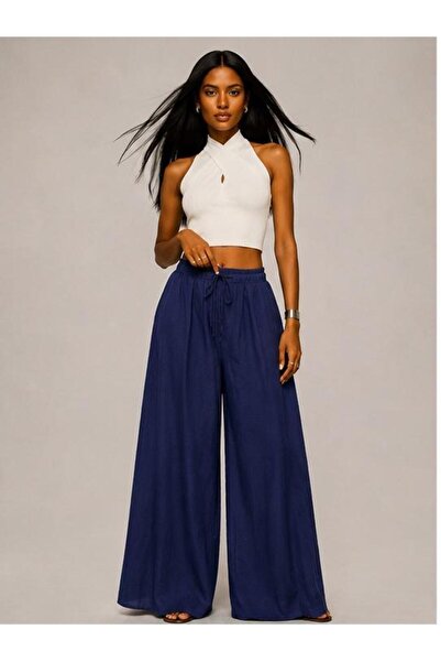 Afri Navy Blue Samurai Model Linen Palazzo Trousers – Loose Fit High Waist Su...