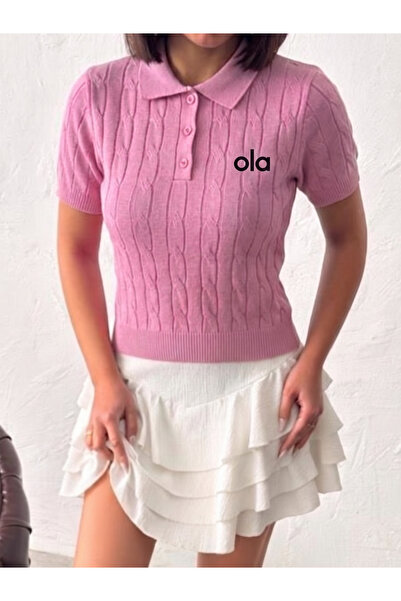 OLA Women's Polo Neck Buttoned Hair Knit Patterned Short Sleeve Knitwear Blouse