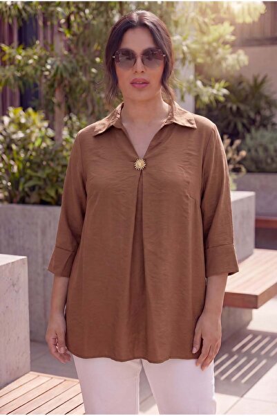 RMG Plus Size Modal Blouse with Collar Accessories Brown