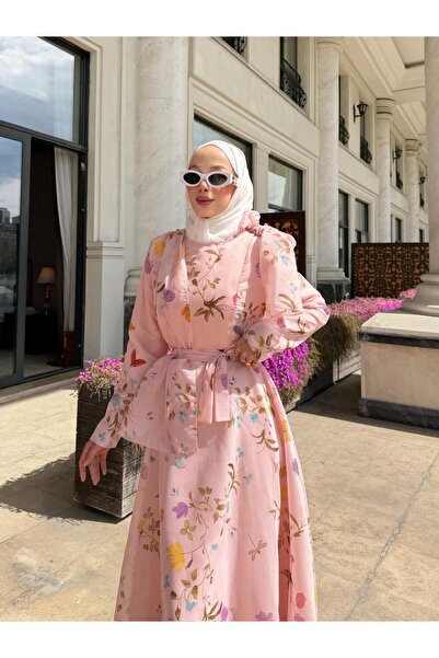 fushya design Omuzları Fiyonk Detaylı Bahar Desenli Kıloş Elbise