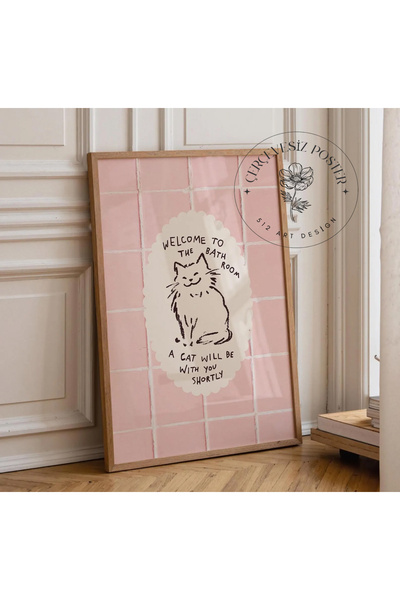 512 STORE Estetik Pembe Banyo Kedi Duvar Dekor Çerçevesiz Kuşe Kağıt Poster E...