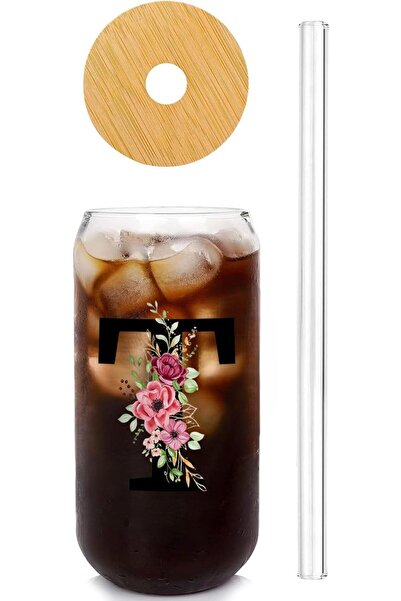 NASAQ Glass Cup with Lids and Straws, UV Letter Design, 20 oz Aesthetic Iced ...