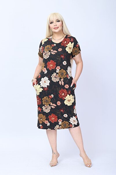 modayız Plus Size Short Sleeve Pocketed Flexible Summer Viscose Dress 4E-2796