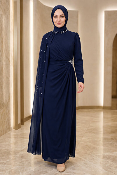 FERHEL Women's Pearl Detailed Tulle Cape Detailed High Collar Evening Dress -...