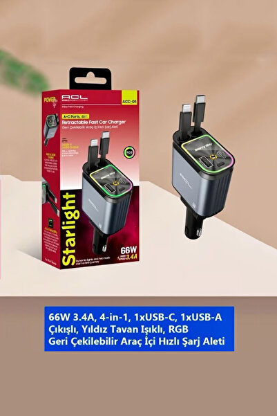 ACL ACC-01 Starlight 66W-3.4A Süper Hızlı Araç Şarj Aleti 4in1 Geri Çekilebil...