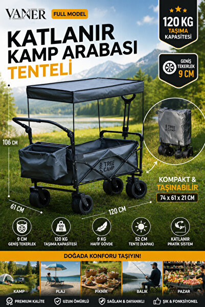 VANER Katlanır Kamp Arabası Tenteli 120 KG Taşıma Kapasiteli Geniş Tekerlekli...
