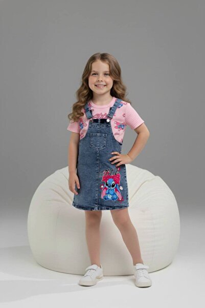 pebby Girl's Printed T-Shirt - Skirted Denim Salopet Set