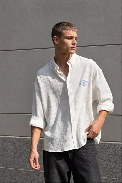 MADZEYMODA Men's Oversize Breathable 100% Cotton Embroidered White Muslin Shi...