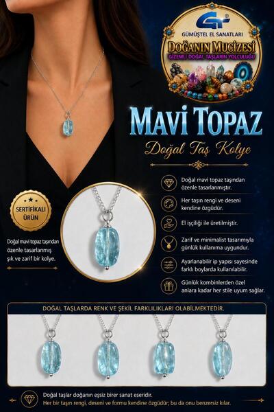 GÜMÜŞTEL EL SANATLARI Certified Blue Topaz Necklace Natural Stone