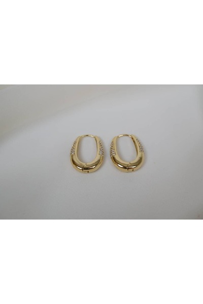 ATELİER TUĞBA KP527 ZİRKON TAŞLI OVAL HALKA GOLD KÜPE (UZUNLUK 20 MM )