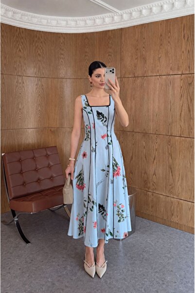 LOKADI Black Piped Square Neck Floral Print A-Line Midi Length Dress