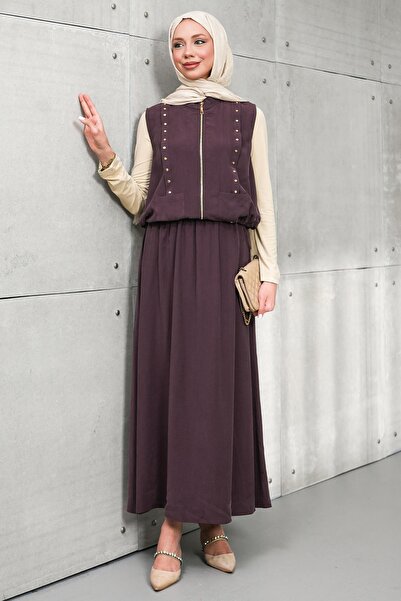 İmajButik Plum Zippered Vest and Bady Skirt Three-Piece Set