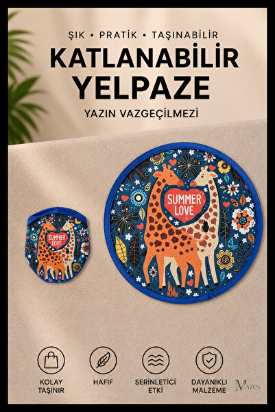 MAZEN Summer Love Zürafa Desenli Katlanabilir Yuvarlak Yazlık Taşınabilir El ...