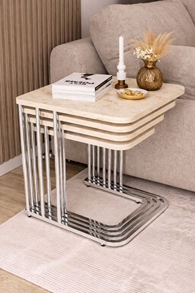 BENİCE HOME Benice Lina Series Traverten Metal Krom Tekerlekli 4'lü Zigon Sehpa