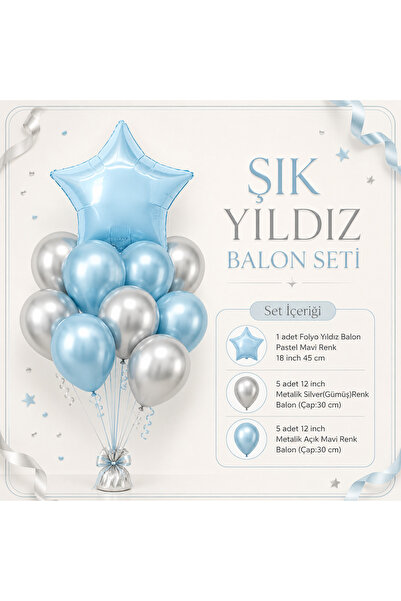 Bulout Folyo Yıldız Balonlu Pastel Mavi Silver Balon Seti 11 Parça – Doğum Gü...