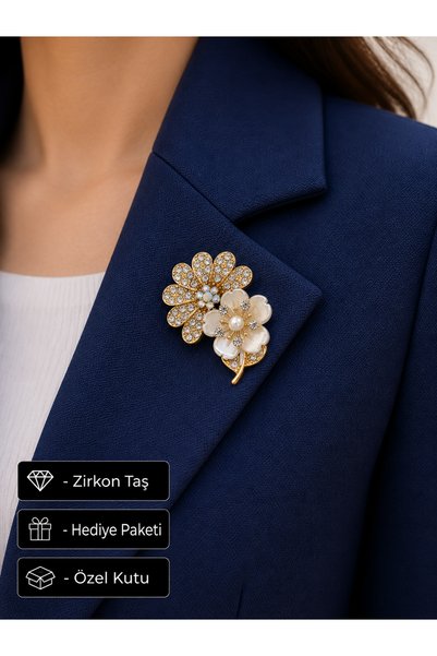 Yuchicly İğneli Gold Renk İnci Detaylı Çiçek Tasarım Kadın broş