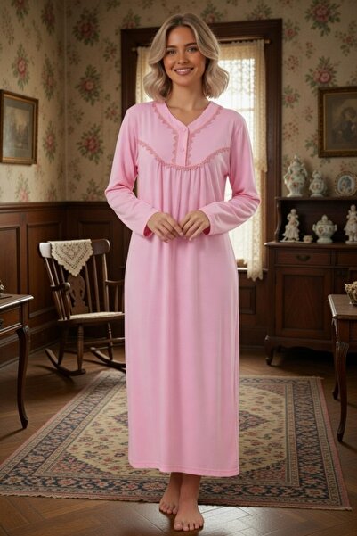 big mama Women's Long Sleeve V-Neck Nightgown with Lace Detail - Stylish and ...