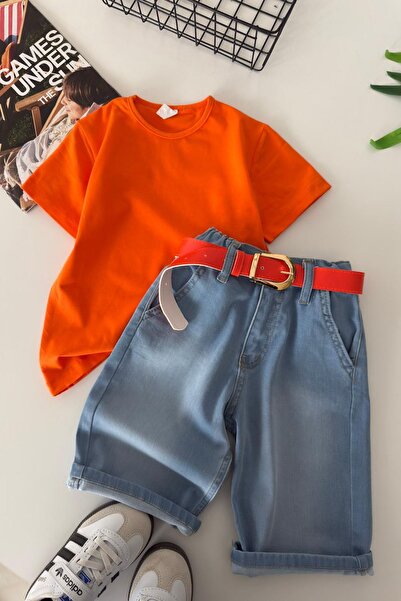 Minigimin Cicileri My Little Boy's Neon Orange Basic T-Shirt Boys' Denim Shor...