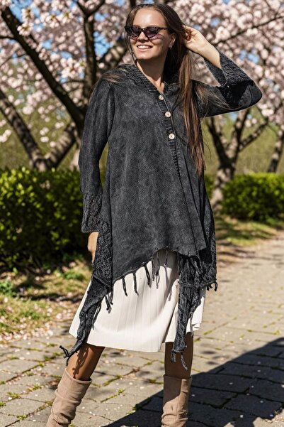 SHOPPEBUTİK Hooded Skirt with Tassels, Openwork Buttons, Cotton Cardigan