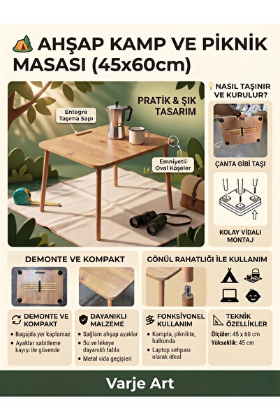 varje Portatif Ahşap Kamp ve Piknik Masası