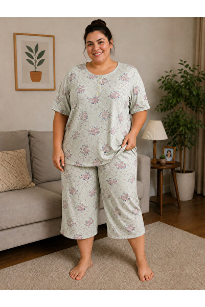 BALİS PİJAMA Women's Plus Size Floral Patterned Spotted Pajama Set Short Slee...