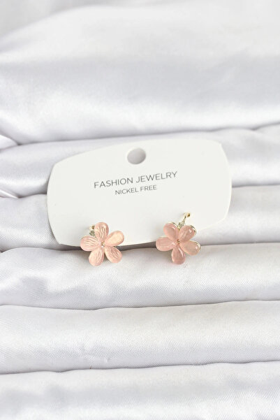 Clariss Brass Gold Color Pink Flower Model Children's Earrings