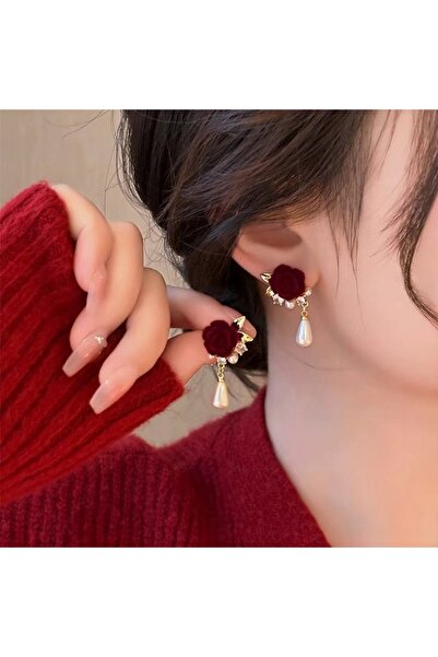Glamluxe Women's Red Velvet Rose Earrings with Pearl Detail, Vintage Stylish ...