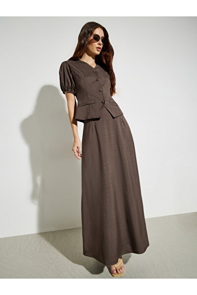 Styli Brown Solid Puff Sleeve Blouse and Maxi Skirt Co-Ords