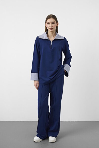 Basicpark Navy Blue Contrast Woven Collar Cotton Oversize Relax Set