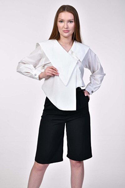kenza'a Kenza asymmetric collar long sleeve white shirt - white