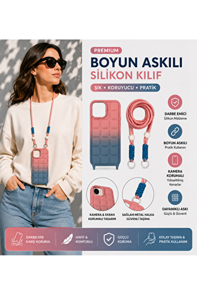 Nettech iPhone 15 Pro Premium Boyun Askılı Silikon Kılıf Kamera Korumalı