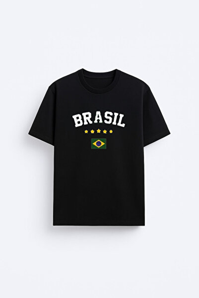 AYDESİGN Brazil Brazil Flag Printed Cotton Fabric Black T-Shirt T-Shirt