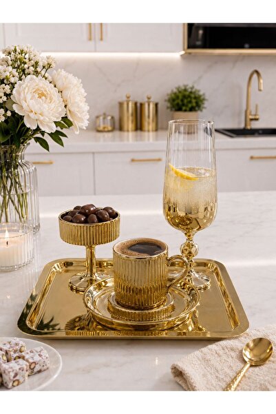 isra kristal Aura Gold Coffee Presentation Set with Tray, Coffee Cup, Turkish...