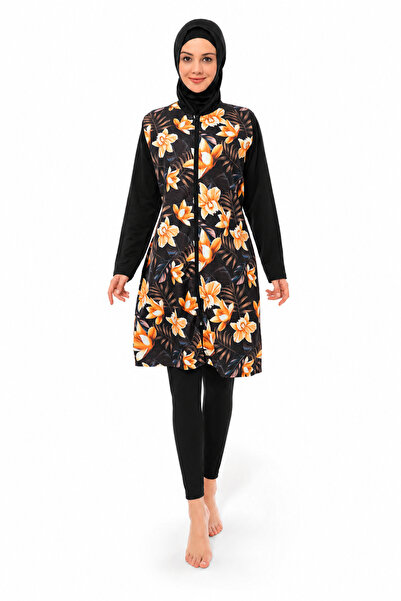 Tusebu Orange Floral Patterned Hijab Swimsuit Set, Long Sleeve, Full Coverage...