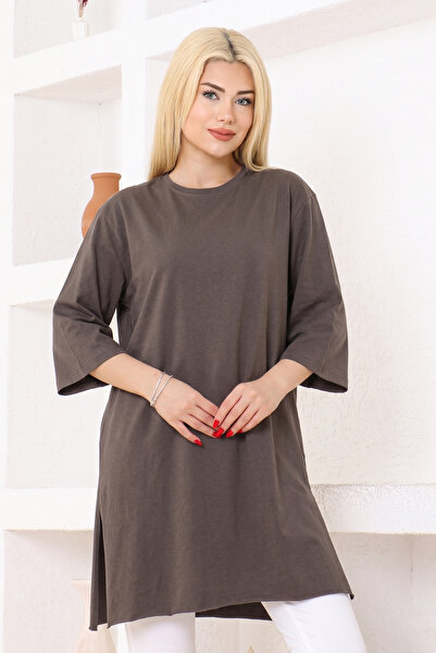 nacar çarşı Women's Mink Oversize Tunic T-Shirt – Half Sleeves, Round Neck, R...