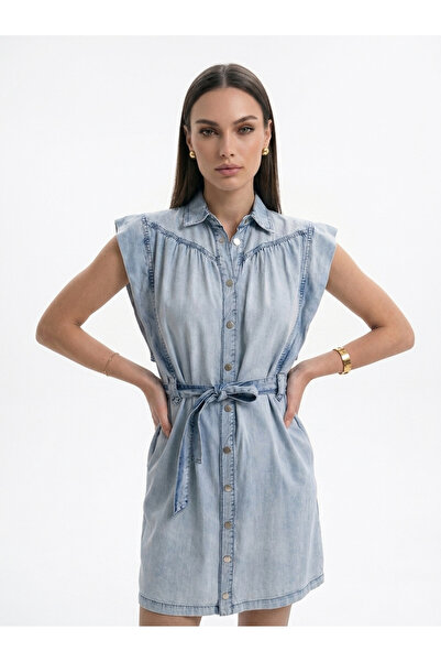 SUPER FASHION CLUB Kadın Denim Tensel Yıkamalı Çıtçıtlı Kemerli Elbise