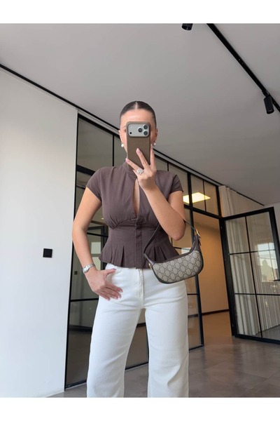 BB Bensu Buyruk Details at the Waist, Low-Cut Linen Blouse, Brown