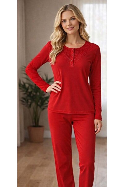 FLZ Kadın Uzun Kollu Dantel Detaylı Pijama Takımı Kırmızı – Rahat Ev Giyim Se...