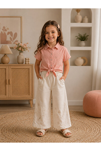 Uğur bebe Girl's salmon-colored 95% cotton knit shirt with tie detail and pat...